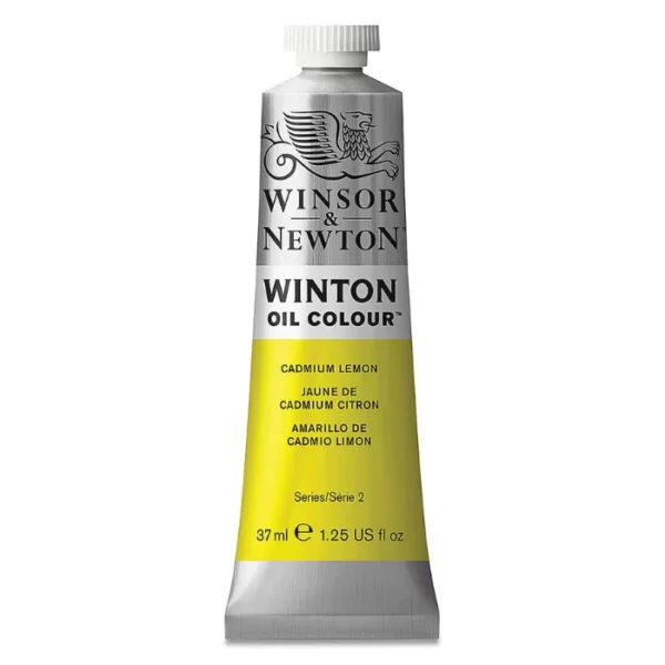 A single tube of Cadmium Lemon Winsor and Newton Winton Oil Paint 37ml is shown in the center of the frame, standing vertically. The tube is a silver colour and has a white screw on, plastic lid. The Winsor and Newton logo is printed at the top of the tube and there is a white band across the tube, under the logo, with the words, 'Winton Oil Colour'. There is a band of colour below that which denotes the colour of the paint in the tube. There is text on this colour band, describing the colour and paint properties. The image is center of the frame and on a white background.