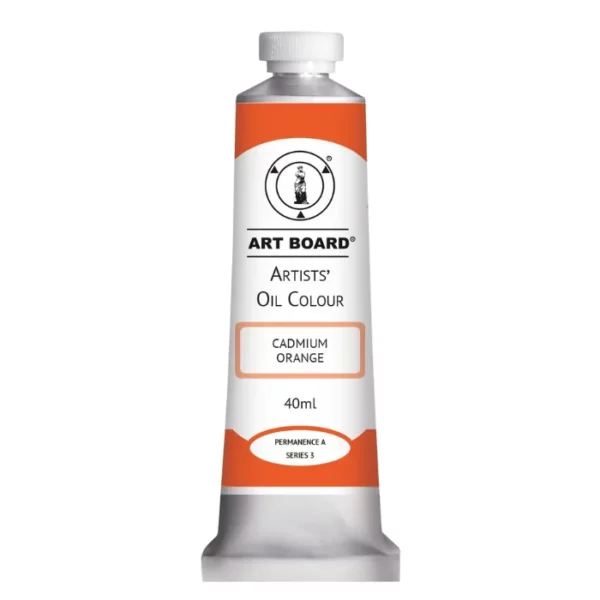 A tube of Cadmium Orange Artboard Oil Paint 40ml is shown standing vertically in the center of the frame. The tube is silver and has a label around the body of the tube. Parts of the label are coloured, to denote the colour of the paint inside the tube. The artboard logo and name are printed at the top of the label and the colour and product details are printed below. The tube has a white plastic, screw on lid. On a white background.