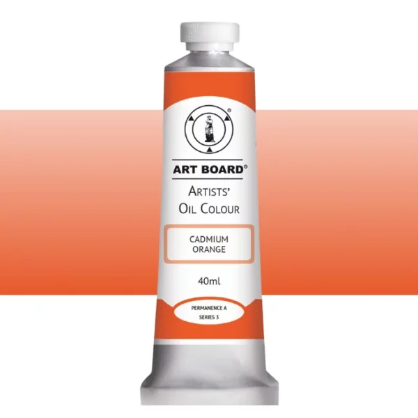 A tube of Cadmium Orange Artboard Oil Paint 40ml is shown standing vertically in the center of the frame. The tube is silver and has a label around the body of the tube. Parts of the label are coloured, to denote the colour of the paint inside the tube. The artboard logo and name are printed at the top of the label and the colour and product details are printed below. The tube has a white plastic, screw on lid. A graded horizontal rectangle is seen in the background, this denotes the colour of the paint inside the tube. On a white background.