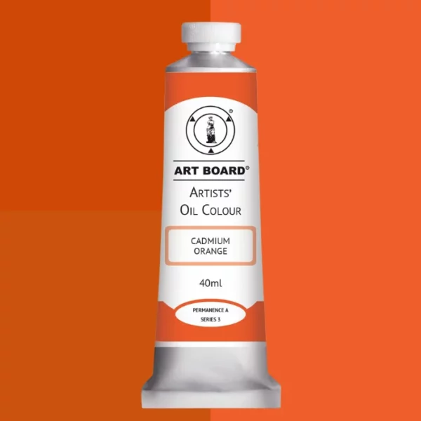 A tube of Cadmium Orange Artboard Oil Paint 40ml is shown standing vertically in the center of the frame. The tube is silver and has a label around the body of the tube. Parts of the label are coloured, to denote the colour of the paint inside the tube. The artboard logo and name are printed at the top of the label and the colour and product details are printed below. The tube has a white plastic, screw on lid. Different shades of the paint colour are shown in the background in blocks, behind the tube.