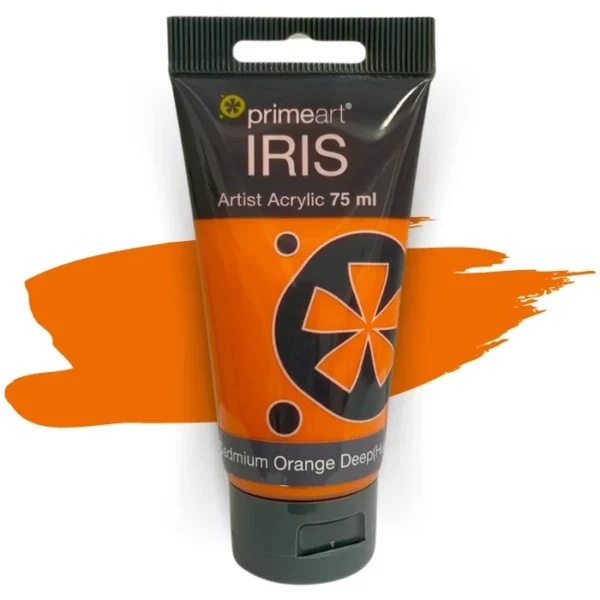 A single tube of Cadmium Orange Deep Hue Prime Art Iris Acrylic Paint 75ml is shown in the frame. The tube is a clear plastic with a black printed band at the top of each tube that has the Prime Art Iris Logo printed on it. The tube has a black flip cap that the tube stands on. You can see the colour of the paint through the tube. On a white background.