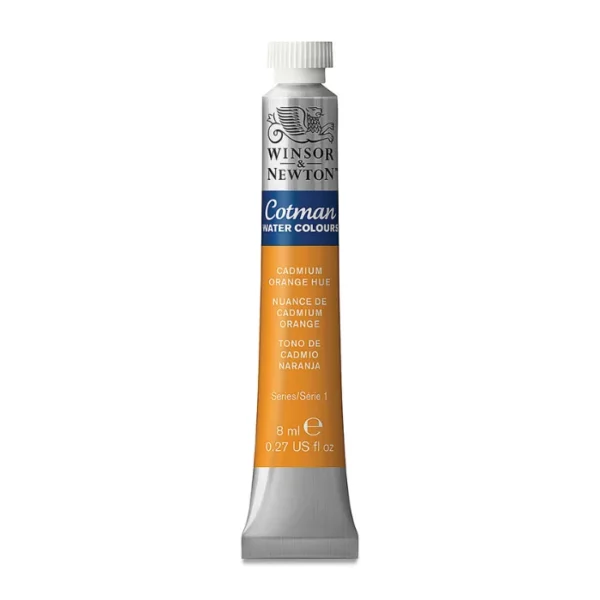 A single Cadmium Orange Hue Winsor and Newton Cotman Watercolour 8ml Tube is shown vertically in the center of the frame. The tube is silver and the Winsor and Newton logo is printed at the top of the tube. There is a blue band below the logo and the words 'Cotman Watercolour' are printed on the blue band in white. Then there is a large colour band around the base of the tube that denotes the colour of the paint. The tube colour and paint properties are indicated on this colour band in black text. The tube has a white, plastic screw on cap. The image is center of the frame and on a white background.