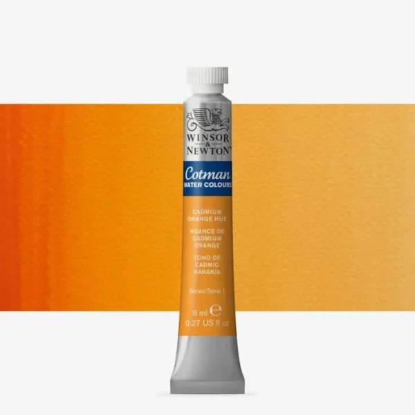 A single Cadmium Orange Hue Winsor and Newton Cotman Watercolour 8ml Tube is shown vertically in the center of the frame. The tube is silver and the Winsor and Newton logo is printed at the top of the tube. There is a blue band below the logo and the words 'Cotman Watercolour' are printed on the blue band in white. Then there is a large colour band around the base of the tube that denotes the colour of the paint. The tube colour and paint properties are indicated on this colour band in black text. The tube has a white, plastic screw on cap. There is a rectangular colour swatch behind the tube that shows how the colour works on a gradient scale. The entire image is center of the frame and on a white background.