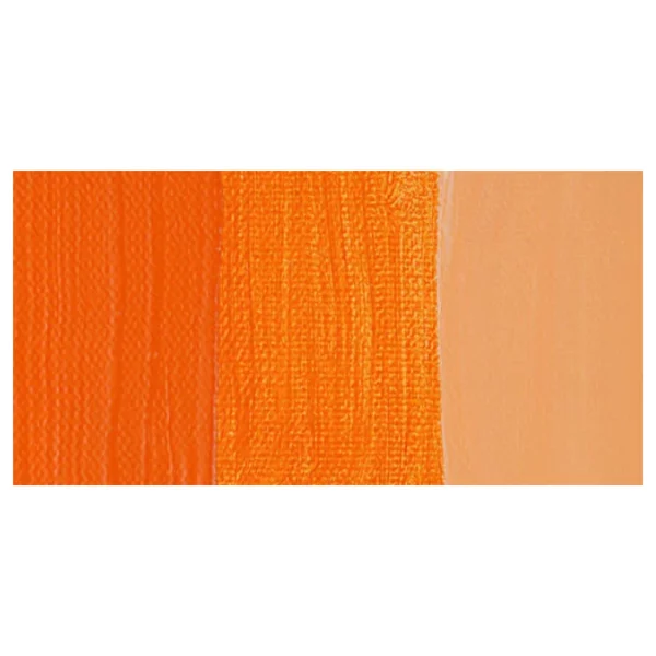 A rectangular colour swatch of Cadmium Orange Hue Winsor and Newton Galeria Acrylic Paint is shown across the center of the frame. The colour swatch shows the tube colour in three gradients from left to right. On a white background.