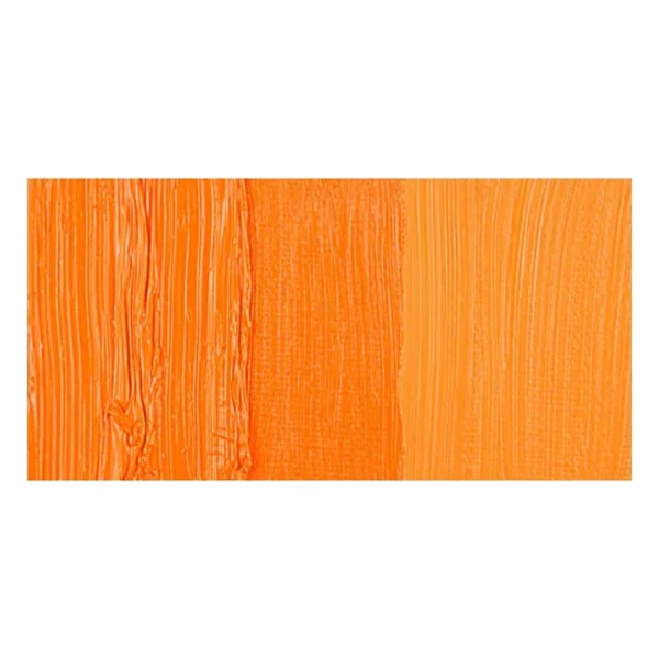 A rectangular colour swatch of Cadmium Orange Hue Winsor and Newton Winton Oil Paint is shown across the center of the frame. The colour swatch shows the tube colour in three gradients from left to right. On a white background.