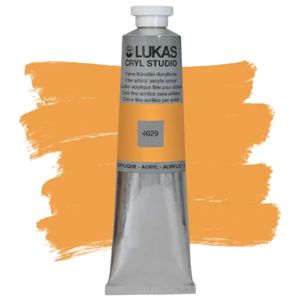 A single tube of Cadmium Orange Lukas Cryl STUDIO Acrylics 75ml is shown in the center of the frame, standing vertically. The tube is silver and has a colour band around the body of the tube that denotes the colour of the paint inside. The Lukas name and logo is printed at the top of the tube and there is black text below the logo that describes the paint. The tube has a white plastic, screw on lid. There is a paint swatch in the background that indicates the colour of the paint inside the tube. The image is center of the frame and on a white background.