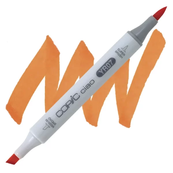 in the center of the image is a single copic marker that is sitting diagonally across the image. from left to right. it has a grey body and both caps are off showing the two different nibs, one brush at the top and the chisel tip at the bottom. it is sitting infront of a squiggle of the same colour as the marker on a white background