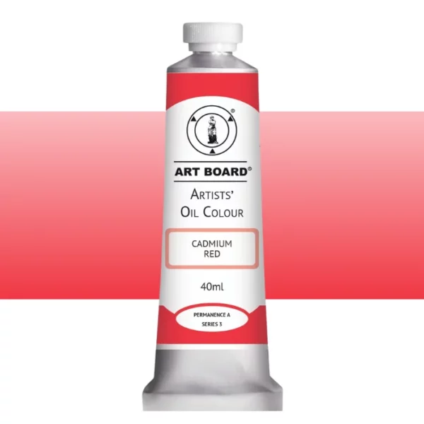 A tube of Cadmium Red Artboard Oil Paint 40ml is shown standing vertically in the center of the frame. The tube is silver and has a label around the body of the tube. Parts of the label are coloured, to denote the colour of the paint inside the tube. The artboard logo and name are printed at the top of the label and the colour and product details are printed below. The tube has a white plastic, screw on lid. A graded horizontal rectangle is seen in the background, this denotes the colour of the paint inside the tube. On a white background.