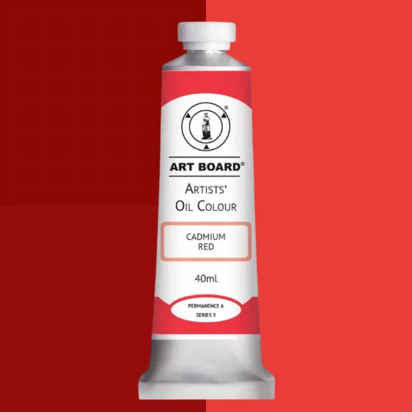 A tube of Cadmium Red Artboard Oil Paint 40ml is shown standing vertically in the center of the frame. The tube is silver and has a label around the body of the tube. Parts of the label are coloured, to denote the colour of the paint inside the tube. The artboard logo and name are printed at the top of the label and the colour and product details are printed below. The tube has a white plastic, screw on lid. Different shades of the paint colour are shown in the background in blocks, behind the tube.