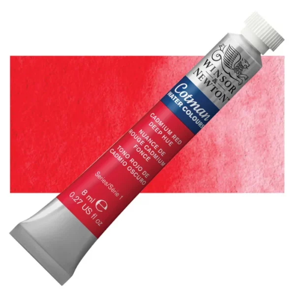 A single Cadmium Red Deep Hue Winsor and Newton Cotman Watercolour 8ml Tube is shown diagonally across the frame. The back of the tube is facing the bottom left hand corner of the frame and the lid of the tube is facing the top, right hand corner of the frame. The tube is silver and the Winsor and Newton logo is printed at the top of the tube. There is a blue band below the logo and the words 'Cotman Watercolour' are printed on the blue band in white. Then there is a large colour band around the base of the tube that denotes the colour of the paint. The tube colour and paint properties are indicated on this colour band in black text. The tube has a white, plastic screw on cap. There is a rectangular colour swatch behind the tube that shows how the colour works on a gradient scale. The entire image is center of the frame and on a white background.