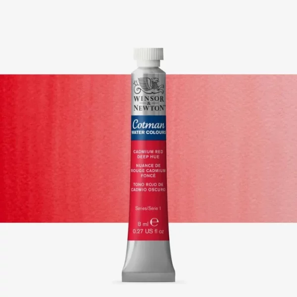 A single Cadmium Red Deep Hue Winsor and Newton Cotman Watercolour 8ml Tube is shown vertically in the center of the frame. The tube is silver and the Winsor and Newton logo is printed at the top of the tube. There is a blue band below the logo and the words 'Cotman Watercolour' are printed on the blue band in white. Then there is a large colour band around the base of the tube that denotes the colour of the paint. The tube colour and paint properties are indicated on this colour band in black text. The tube has a white, plastic screw on cap. There is a rectangular colour swatch behind the tube that shows how the colour works on a gradient scale. The entire image is center of the frame and on a white background.