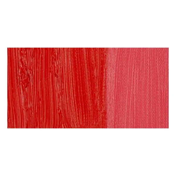 A rectangular colour swatch of Cadmium Red Deep Hue Winsor and Newton Winton Oil Paint is shown across the center of the frame. The colour swatch shows the tube colour in three gradients from left to right. On a white background.