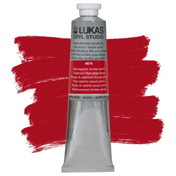 A single tube of Cadmium Red Deep Lukas Cryl STUDIO Acrylics 75ml is shown in the center of the frame, standing vertically. The tube is silver and has a colour band around the body of the tube that denotes the colour of the paint inside. The Lukas name and logo is printed at the top of the tube and there is black text below the logo that describes the paint. The tube has a white plastic, screw on lid. There is a paint swatch in the background that indicates the colour of the paint inside the tube. The image is center of the frame and on a white background.