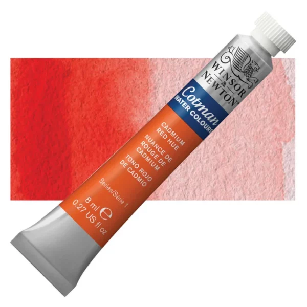 A single Cadmium Red Hue Winsor and Newton Cotman Watercolour 8ml Tube is shown diagonally across the frame. The back of the tube is facing the bottom left hand corner of the frame and the lid of the tube is facing the top, right hand corner of the frame. The tube is silver and the Winsor and Newton logo is printed at the top of the tube. There is a blue band below the logo and the words 'Cotman Watercolour' are printed on the blue band in white. Then there is a large colour band around the base of the tube that denotes the colour of the paint. The tube colour and paint properties are indicated on this colour band in black text. The tube has a white, plastic screw on cap. There is a rectangular colour swatch behind the tube that shows how the colour works on a gradient scale. The entire image is center of the frame and on a white background.