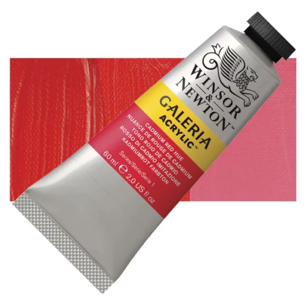 A tube of Cadmium Red Hue Winsor and Newton Galeria Acrylic Paint 60ml is shown diagonally, across the center of the frame. The tube is a silver colour and has a black, screw on, plastic lid. The Winsor and Newton logo is printed at the top of the tube and there is a yellow band across the tube, under the logo, with the words, 'Galeria Acrylic'. There is a band of colour below that which denotes the colour of the paint in the tube. There is text on this colour band, describing the colour and paint properties. There is a rectangular colour swatch behind the tube that shows the colour of the paint. It lays horizontally across the top third of the frame. The image is center of the frame and on a white background.