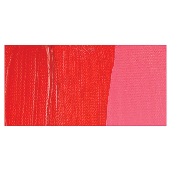 A rectangular colour swatch of Cadmium Red Hue Winsor and Newton Galeria Acrylic Paint is shown across the center of the frame. The colour swatch shows the tube colour in three gradients from left to right. On a white background.