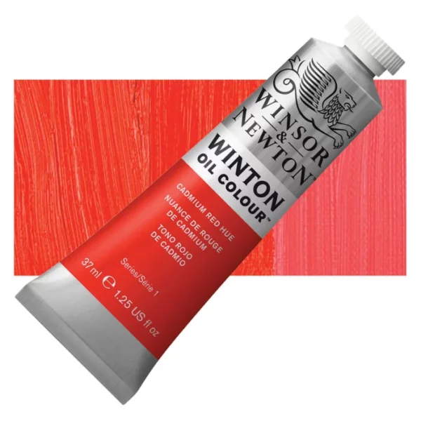 A tube of Cadmium Red Hue Winsor and Newton Winton Oil Paint 37ml is shown diagonally, across the center of the frame. The tube is a silver colour and has a white screw on, plastic lid. The Winsor and Newton logo is printed at the top of the tube and there is a white band printed across the tube, below the logo, that has the words 'Winton Oil Colour' written on it. Below that is a colour band printed across the tube that has black text describing the product colour and paint properties. There is a rectangular colour swatch behind the tube that shows the colour of the paint. It lays horizontally across the top third of the frame. The image is center of the frame and on a white background.