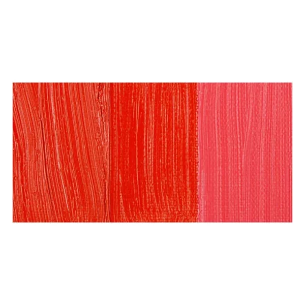 A rectangular colour swatch of Cadmium Red Hue Winsor and Newton Winton Oil Paint is shown across the center of the frame. The colour swatch shows the tube colour in three gradients from left to right. On a white background.