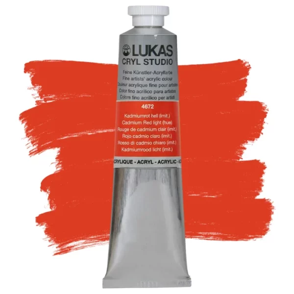 A single tube of Cadmium Red Light Lukas Cryl STUDIO Acrylics 75ml is shown in the center of the frame, standing vertically. The tube is silver and has a colour band around the body of the tube that denotes the colour of the paint inside. The Lukas name and logo is printed at the top of the tube and there is black text below the logo that describes the paint. The tube has a white plastic, screw on lid. There is a paint swatch in the background that indicates the colour of the paint inside the tube. The image is center of the frame and on a white background.