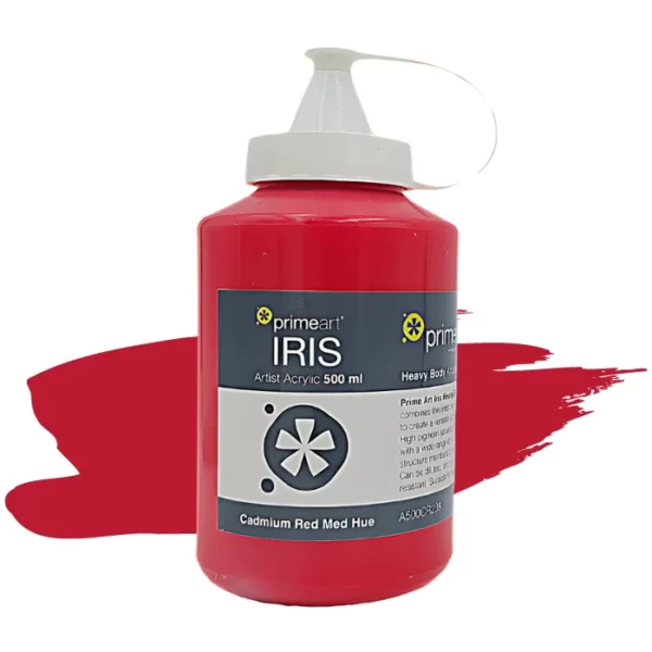 A single bottle of Cadmium Red Medium Hue Iris Acrylic Paint 500ml is shown vertically in the center of the frame. The bottle is a clear plastic bottle with a white plastic flip top lid that is hinged to the bottle. There is a label around the body of the bottle that is printed with the Prime Art logo, the product name and details. The image is center of the frame and there is a paint swatch colour behind the bottle that indicates the colour of the paint. On a white background.