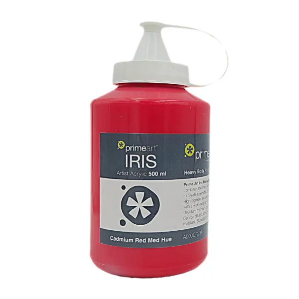 A single bottle of Cadmium Red Medium Hue Iris Acrylic Paint 500ml is shown vertically in the center of the frame. The bottle is a clear plastic bottle with a white plastic flip top lid that is hinged to the bottle. There is a label around the body of the bottle that is printed with the Prime Art logo, the product name and details. The image is center of the frame and on a white background.