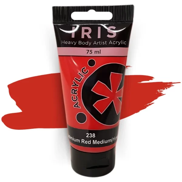 A single tube of Cadmium Red Medium Hue Prime Art Iris Acrylic Paint 75ml is shown in the frame. The tube is a clear plastic with a black printed band at the top of each tube that has the Prime Art Iris Logo printed on it. The tube has a black flip cap that the tube stands on. You can see the colour of the paint through the tube. On a white background.