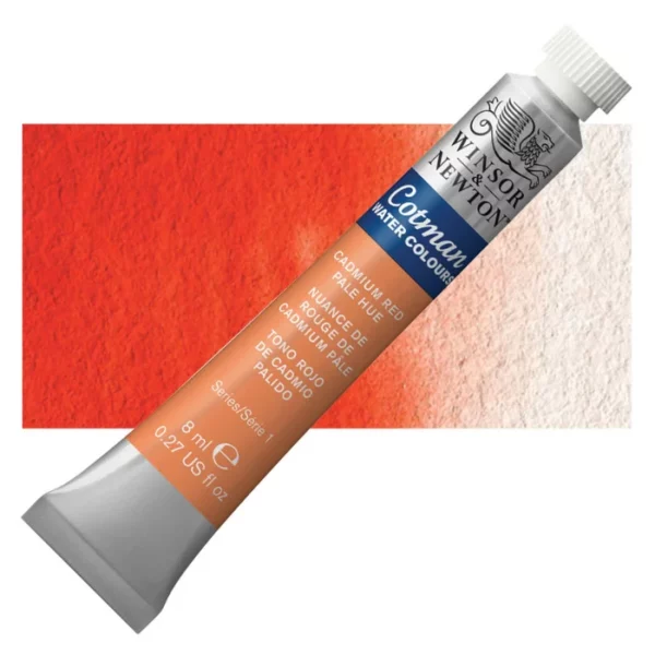 A single Cadmium Red Pale Hue Winsor and Newton Cotman Watercolour 8ml Tube is shown diagonally across the frame. The back of the tube is facing the bottom left hand corner of the frame and the lid of the tube is facing the top, right hand corner of the frame. The tube is silver and the Winsor and Newton logo is printed at the top of the tube. There is a blue band below the logo and the words 'Cotman Watercolour' are printed on the blue band in white. Then there is a large colour band around the base of the tube that denotes the colour of the paint. The tube colour and paint properties are indicated on this colour band in black text. The tube has a white, plastic screw on cap. There is a rectangular colour swatch behind the tube that shows how the colour works on a gradient scale. The entire image is center of the frame and on a white background.