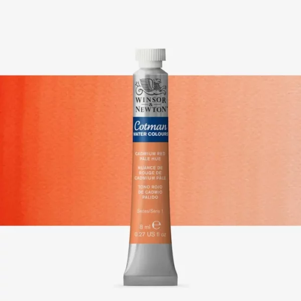 A single Cadmium Red Pale Hue Winsor and Newton Cotman Watercolour 8ml Tube is shown vertically in the center of the frame. The tube is silver and the Winsor and Newton logo is printed at the top of the tube. There is a blue band below the logo and the words 'Cotman Watercolour' are printed on the blue band in white. Then there is a large colour band around the base of the tube that denotes the colour of the paint. The tube colour and paint properties are indicated on this colour band in black text. The tube has a white, plastic screw on cap. There is a rectangular colour swatch behind the tube that shows how the colour works on a gradient scale. The entire image is center of the frame and on a white background.