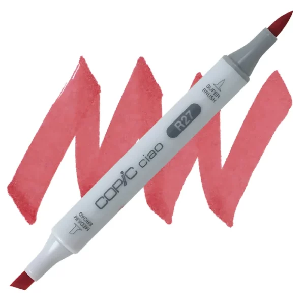 in the center of the image is a single copic marker that is sitting diagonally across the image. from left to right. it has a grey body and both caps are off showing the two different nibs, one brush at the top and the chisel tip at the bottom. it is sitting infront of a squiggle of the same colour as the marker on a white background