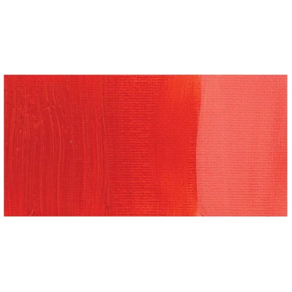 A rectangular colour swatch of Cadmium Scarlet Hue Winsor and Newton Winton Oil Paint is shown across the center of the frame. The colour swatch shows the tube colour in three gradients from left to right. On a white background.