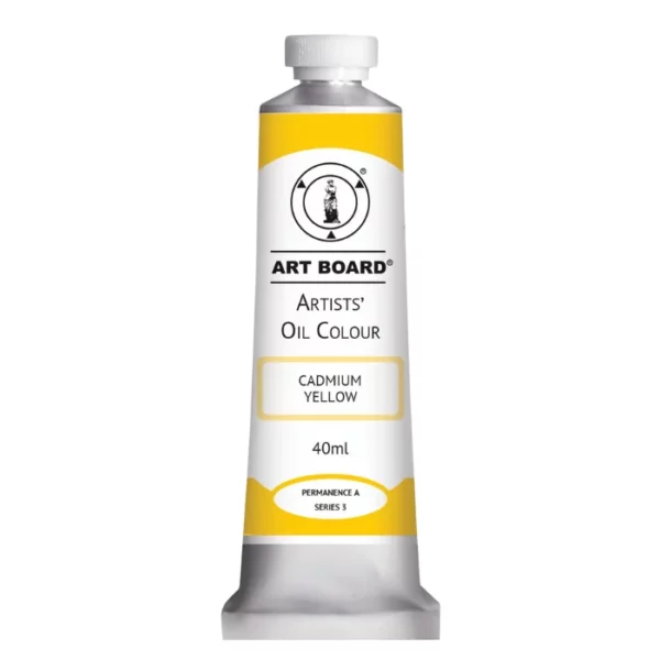 A tube of Cadmium Yellow Artboard Oil Paint 40ml is shown standing vertically in the center of the frame. The tube is silver and has a label around the body of the tube. Parts of the label are coloured, to denote the colour of the paint inside the tube. The artboard logo and name are printed at the top of the label and the colour and product details are printed below. The tube has a white plastic, screw on lid. On a white background.