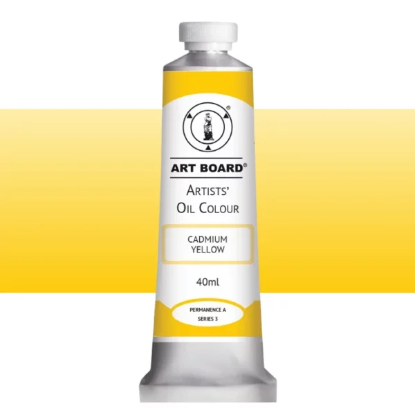 A tube of Cadmium Yellow Artboard Oil Paint 40ml is shown standing vertically in the center of the frame. The tube is silver and has a label around the body of the tube. Parts of the label are coloured, to denote the colour of the paint inside the tube. The artboard logo and name are printed at the top of the label and the colour and product details are printed below. The tube has a white plastic, screw on lid. A graded horizontal rectangle is seen in the background, this denotes the colour of the paint inside the tube. On a white background.