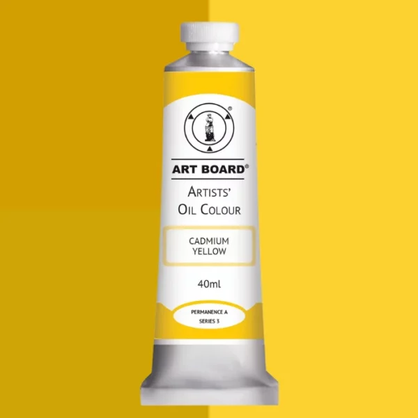 A tube of Cadmium Yellow Artboard Oil Paint 40ml is shown standing vertically in the center of the frame. The tube is silver and has a label around the body of the tube. Parts of the label are coloured, to denote the colour of the paint inside the tube. The artboard logo and name are printed at the top of the label and the colour and product details are printed below. The tube has a white plastic, screw on lid. Different shades of the paint colour are shown in the background in blocks, behind the tube.