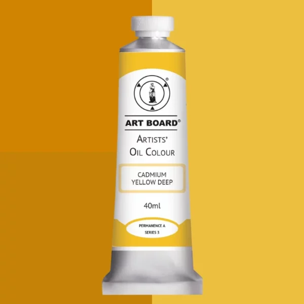 A tube of Cadmium Yellow Deep Artboard Oil Paint 40ml is shown standing vertically in the center of the frame. The tube is silver and has a label around the body of the tube. Parts of the label are coloured, to denote the colour of the paint inside the tube. The artboard logo and name are printed at the top of the label and the colour and product details are printed below. The tube has a white plastic, screw on lid. Different shades of the paint colour are shown in the background in blocks, behind the tube.