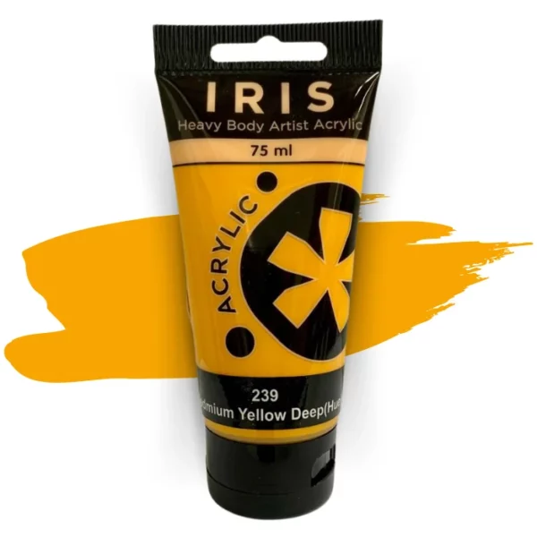 A single tube of Cadmium Yellow Deep Hue Prime Art Iris Acrylic Paint 75ml is shown in the frame. The tube is a clear plastic with a black printed band at the top of each tube that has the Prime Art Iris Logo printed on it. The tube has a black flip cap that the tube stands on. You can see the colour of the paint through the tube. On a white background.