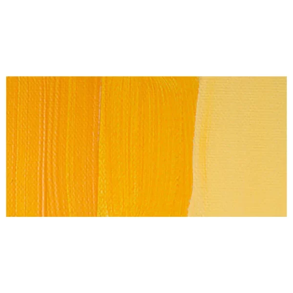 A rectangular colour swatch of Cadmium Yellow Deep Hue Winsor and Newton Galeria Acrylic Paint is shown across the center of the frame. The colour swatch shows the tube colour in three gradients from left to right. On a white background.