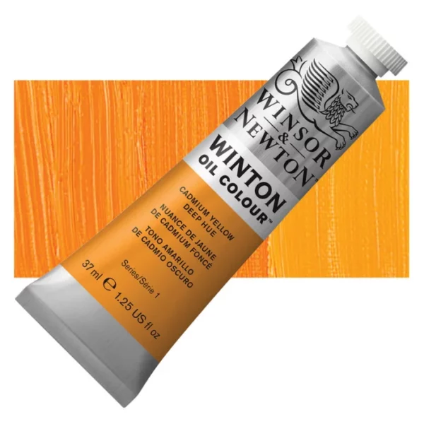 A tube of Cadmium Yellow Deep Hue Winsor and Newton Winton Oil Paint 37ml is shown diagonally, across the center of the frame. The tube is a silver colour and has a white screw on, plastic lid. The Winsor and Newton logo is printed at the top of the tube and there is a white band printed across the tube, below the logo, that has the words 'Winton Oil Colour' written on it. Below that is a colour band printed across the tube that has black text describing the product colour and paint properties. There is a rectangular colour swatch behind the tube that shows the colour of the paint. It lays horizontally across the top third of the frame. The image is center of the frame and on a white background.