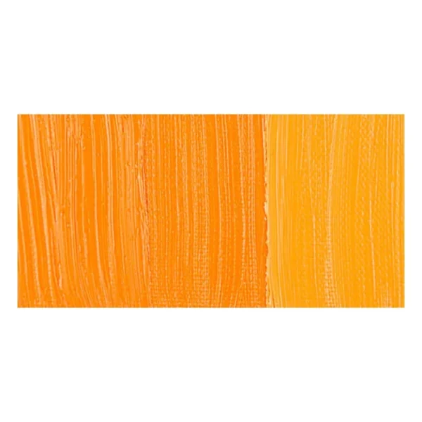 A rectangular colour swatch of Cadmium Yellow Deep Hue Winsor and Newton Winton Oil Paint is shown across the center of the frame. The colour swatch shows the tube colour in three gradients from left to right. On a white background.