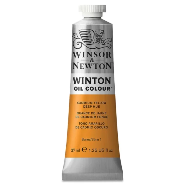 A single tube of Cadmium Yellow Deep Hue Winsor and Newton Winton Oil Paint 37ml is shown in the center of the frame, standing vertically. The tube is a silver colour and has a white screw on, plastic lid. The Winsor and Newton logo is printed at the top of the tube and there is a white band across the tube, under the logo, with the words, 'Winton Oil Colour'. There is a band of colour below that which denotes the colour of the paint in the tube. There is text on this colour band, describing the colour and paint properties. The image is center of the frame and on a white background.