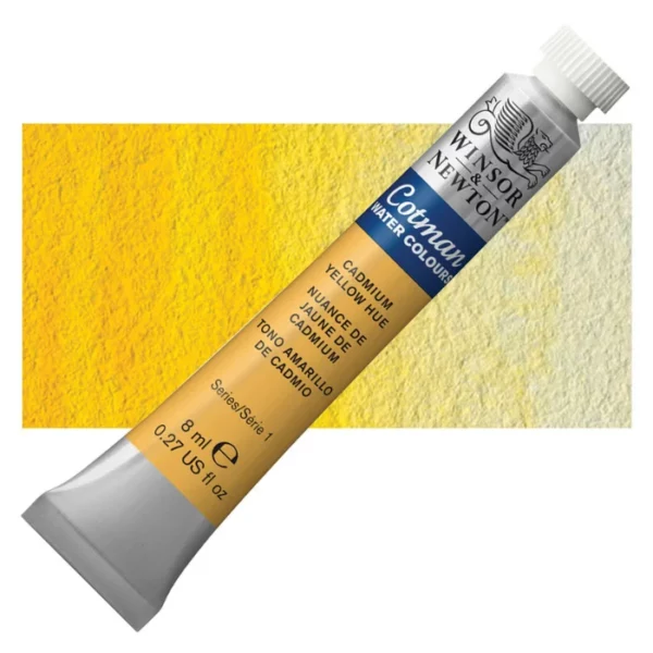 A single Cadmium Yellow Hue Winsor and Newton Cotman Watercolour 8ml Tube is shown diagonally across the frame. The back of the tube is facing the bottom left hand corner of the frame and the lid of the tube is facing the top, right hand corner of the frame. The tube is silver and the Winsor and Newton logo is printed at the top of the tube. There is a blue band below the logo and the words 'Cotman Watercolour' are printed on the blue band in white. Then there is a large colour band around the base of the tube that denotes the colour of the paint. The tube colour and paint properties are indicated on this colour band in black text. The tube has a white, plastic screw on cap. There is a rectangular colour swatch behind the tube that shows how the colour works on a gradient scale. The entire image is center of the frame and on a white background.