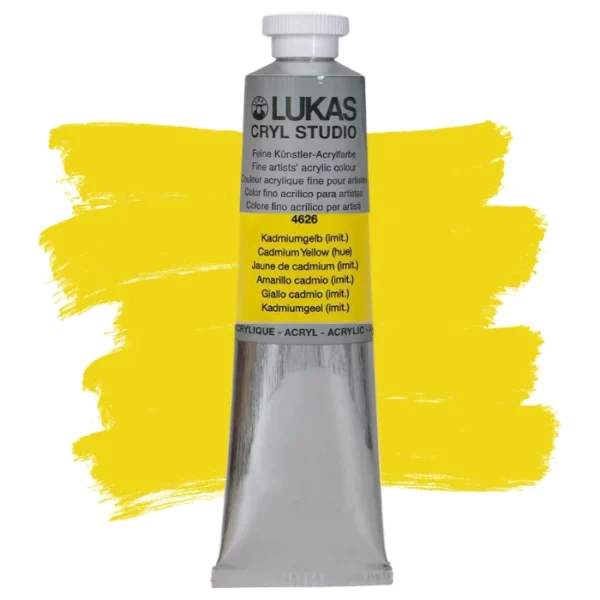 A single tube of Cadmium Yellow Lukas Cryl STUDIO Acrylics 75ml is shown in the center of the frame, standing vertically. The tube is silver and has a colour band around the body of the tube that denotes the colour of the paint inside. The Lukas name and logo is printed at the top of the tube and there is black text below the logo that describes the paint. The tube has a white plastic, screw on lid. There is a paint swatch in the background that indicates the colour of the paint inside the tube. The image is center of the frame and on a white background.