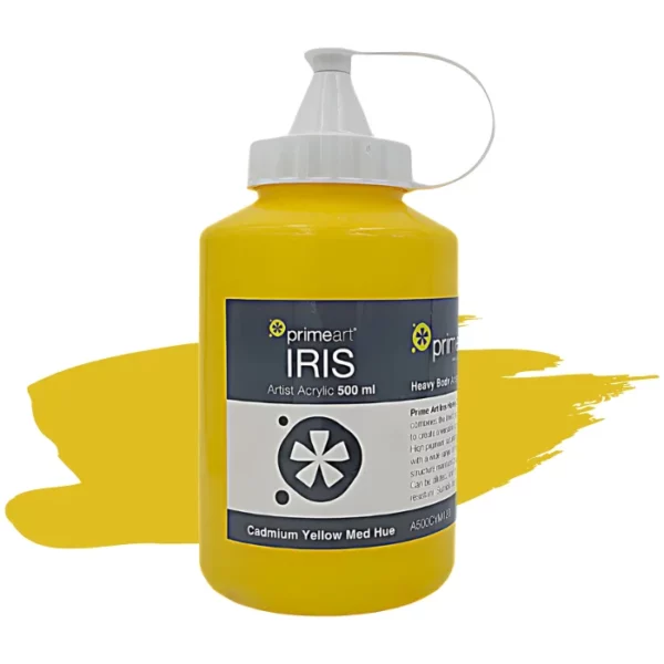 A single bottle of Cadmium Yellow Medium Hue Iris Acrylic Paint 500ml is shown vertically in the center of the frame. The bottle is a clear plastic bottle with a white plastic flip top lid that is hinged to the bottle. There is a label around the body of the bottle that is printed with the Prime Art logo, the product name and details. The image is center of the frame and there is a paint swatch colour behind the bottle that indicates the colour of the paint. On a white background.