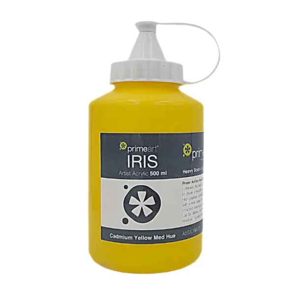 A single bottle of Cadmium Yellow Medium Hue Iris Acrylic Paint 500ml is shown vertically in the center of the frame. The bottle is a clear plastic bottle with a white plastic flip top lid that is hinged to the bottle. There is a label around the body of the bottle that is printed with the Prime Art logo, the product name and details. The image is center of the frame and on a white background.