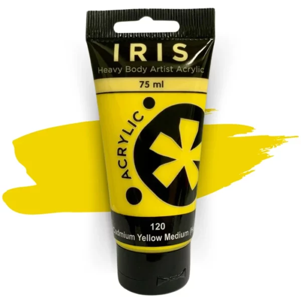 A single tube of Cadmium Yellow Medium Hue Prime Art Iris Acrylic Paint 75ml is shown in the frame. The tube is a clear plastic with a black printed band at the top of each tube that has the Prime Art Iris Logo printed on it. The tube has a black flip cap that the tube stands on. You can see the colour of the paint through the tube. On a white background.