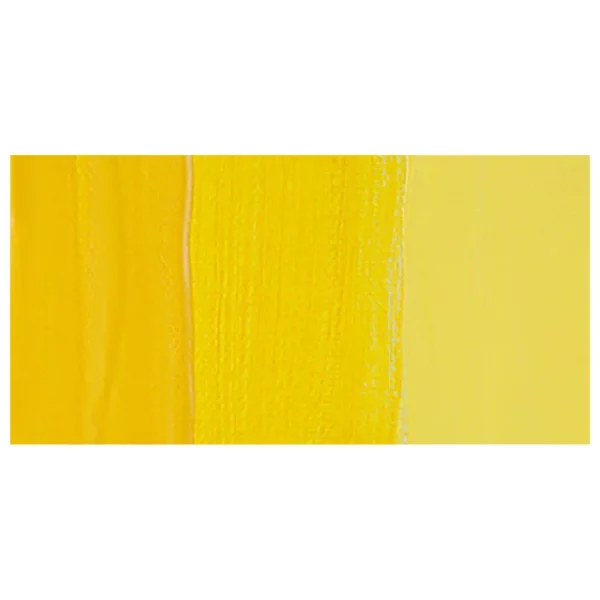 A rectangular colour swatch of Cadmium Yellow Medium Hue Winsor and Newton Galeria Acrylic Paint is shown across the center of the frame. The colour swatch shows the tube colour in three gradients from left to right. On a white background.