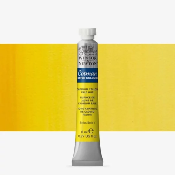 A single Cadmium Yellow Pale Hue Winsor and Newton Cotman Watercolour 8ml Tube is shown vertically in the center of the frame. The tube is silver and the Winsor and Newton logo is printed at the top of the tube. There is a blue band below the logo and the words 'Cotman Watercolour' are printed on the blue band in white. Then there is a large colour band around the base of the tube that denotes the colour of the paint. The tube colour and paint properties are indicated on this colour band in black text. The tube has a white, plastic screw on cap. There is a rectangular colour swatch behind the tube that shows how the colour works on a gradient scale. The entire image is center of the frame and on a white background.