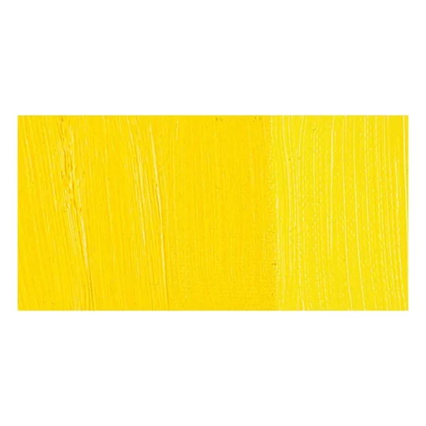 A rectangular colour swatch of Cadmium Yellow Pale Hue Winsor and Newton Winton Oil Paint is shown across the center of the frame. The colour swatch shows the tube colour in three gradients from left to right. On a white background.