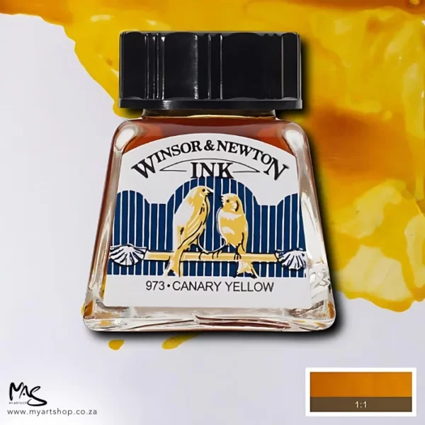 A single bottle of Canary Yellow Winsor & Newton Drawing Ink can be seen in the center of the frame, with ink in the background, in the top right hand corner of the frame, flowing into the frame. The ink is the colour of the ink inside the bottle. The bottle is a clear glass bottle and so you can see the colour of the ink inside. There is a black, plastic screw on lid and a label stuck to the front of the bottle with the brand name and logo on it. There is a small rectangular colour block with a sample of the ink colour in a 1:1 ratio, in the bottom right hand corner of the frame.