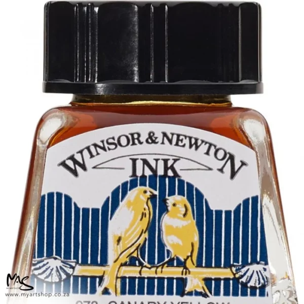 A close up of a single bottle of Canary Winsor & Newton Drawing Ink. The bottom of the bottle is cut off by the frame. The bottle is clear glass so you can see the colour of the ink inside, with a black screw on plastic lid. There is a label on the front of the bottle with the brand logo.