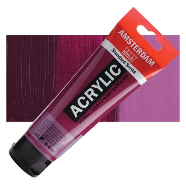 A single tube of Caput Mortuum Violet Amsterdam Acrylic Paint 120ml is shown diagonally across the center of the frame. The tube is made of a clear plastic and has a red band at the end of the tube with a hole so it can hang. The tube has a black, plastic flip top cap, that the bottle stands on. There is black text on the body of the tube describing the product colour and details. The colour of the paint can be seen through the tube. There is a rectangular colour swatch of the paint, behind the tube. The swatch shows the colour in different gradient's. The image is center of the frame and on a white background.